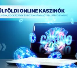 Laptop képernyőjén világító „Casino” felirat kártyákkal, dobókockákkal és zsetonokkal, amely a külföldi online kaszinókat, bónuszokat és az online szerencsejáték környezetét szimbolizálja.