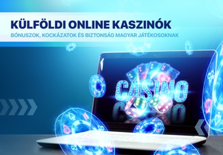 Laptop képernyőjén világító „Casino” felirat kártyákkal, dobókockákkal és zsetonokkal, amely a külföldi online kaszinókat, bónuszokat és az online szerencsejáték környezetét szimbolizálja.